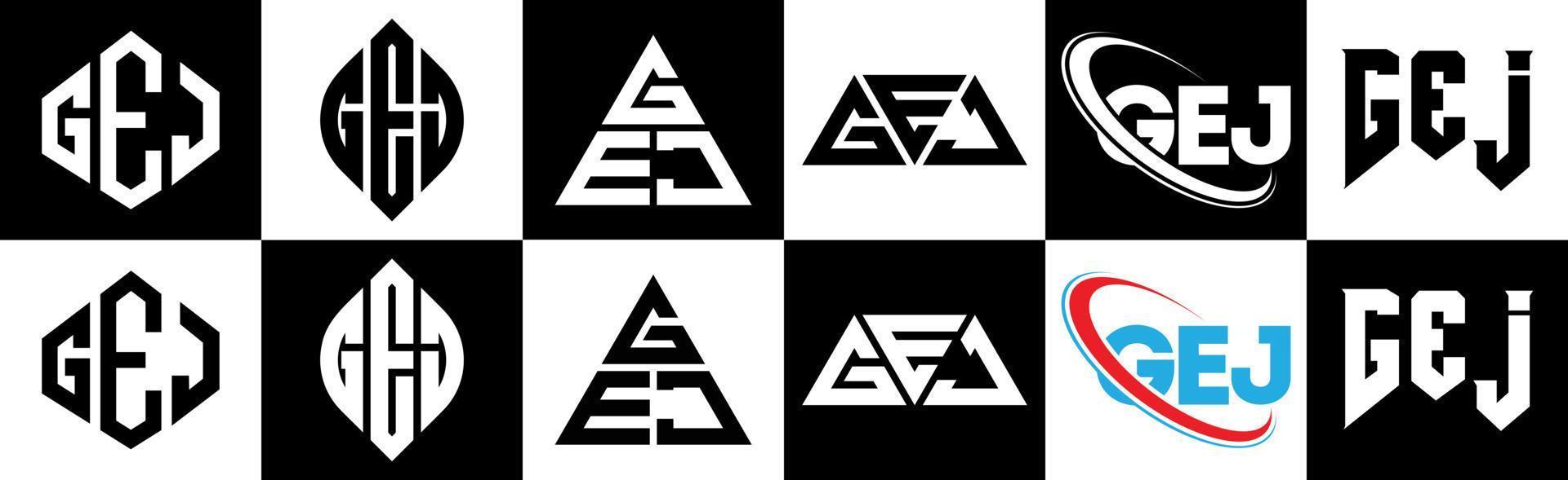 GEJ letter logo design in six style. GEJ polygon, circle, triangle, hexagon, flat and simple style with black and white color variation letter logo set in one artboard. GEJ minimalist and classic logo vector