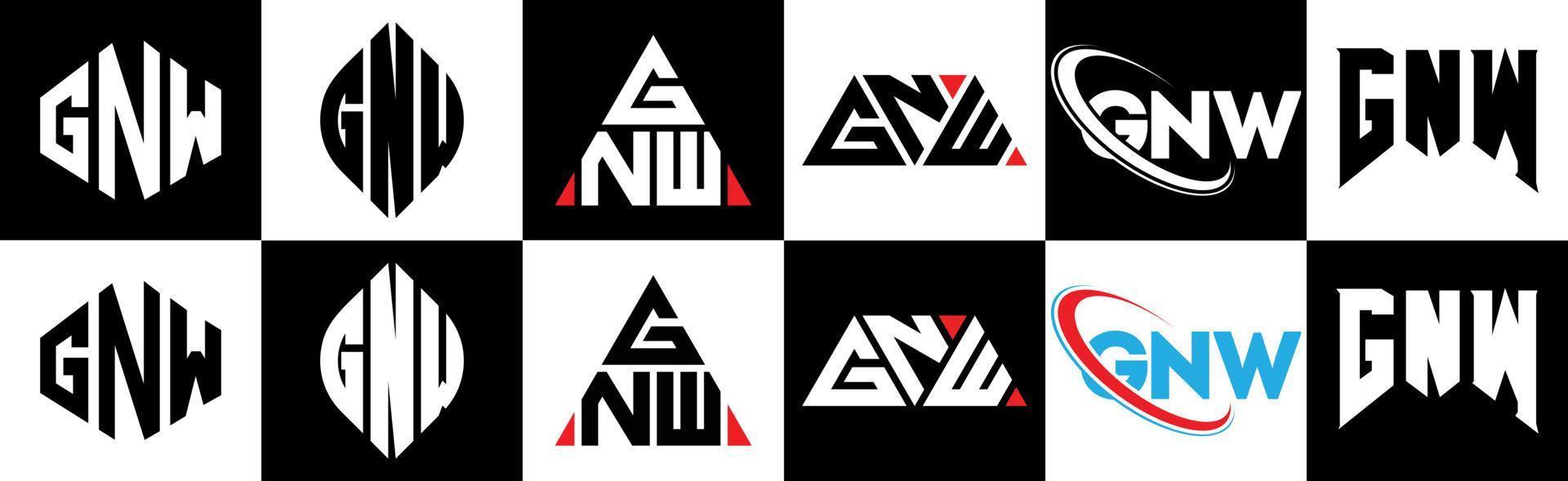 GNW letter logo design in six style. GNW polygon, circle, triangle, hexagon, flat and simple style with black and white color variation letter logo set in one artboard. GNW minimalist and classic logo vector