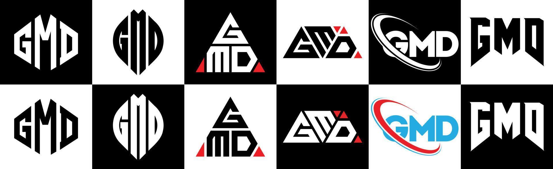 GMD letter logo design in six style. GMD polygon, circle, triangle, hexagon, flat and simple style with black and white color variation letter logo set in one artboard. GMD minimalist and classic logo vector