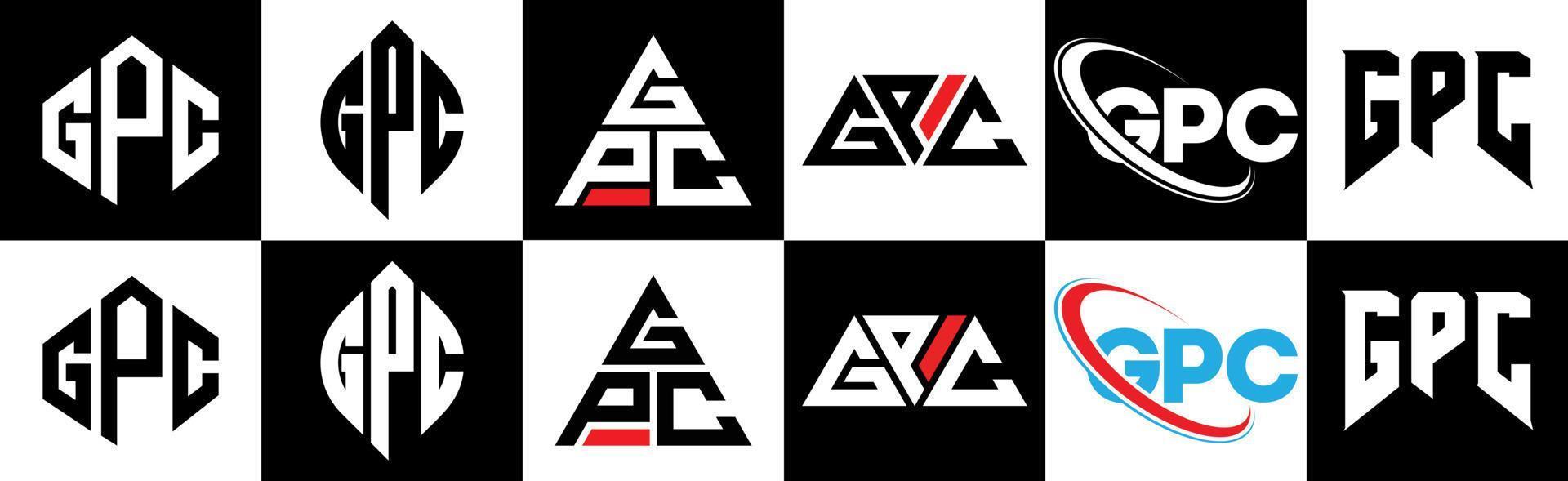 GPC letter logo design in six style. GPC polygon, circle, triangle, hexagon, flat and simple style with black and white color variation letter logo set in one artboard. GPC minimalist and classic logo vector