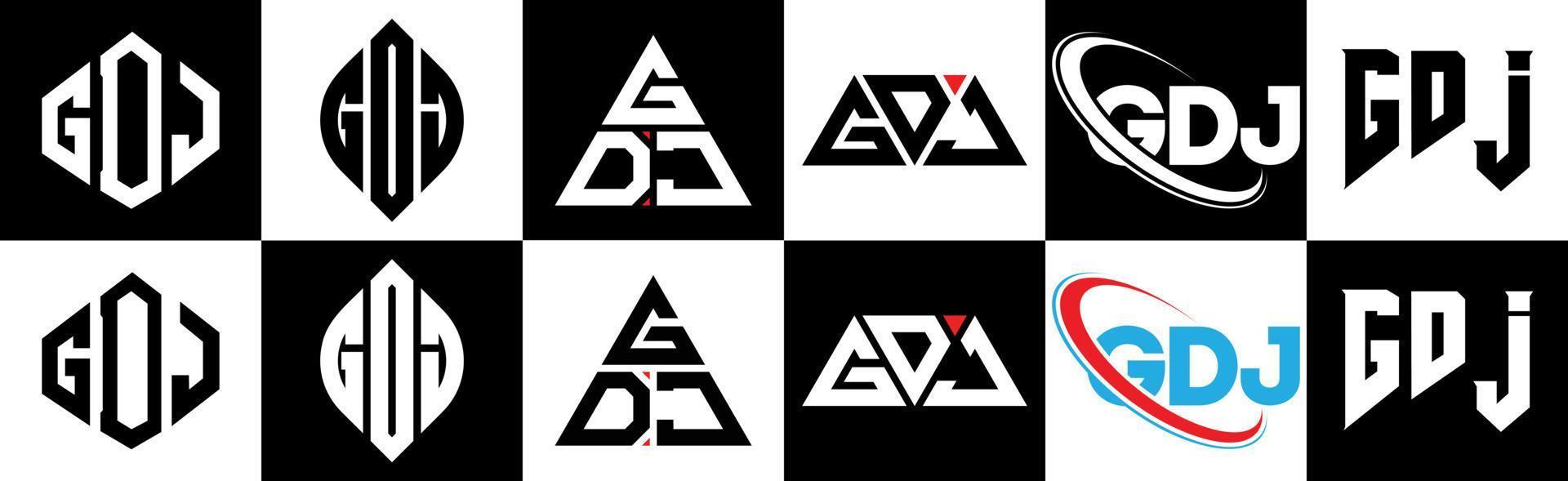 Diseño de logotipo de letra gdj en seis estilos. gdj polígono, círculo, triángulo, hexágono, estilo plano y simple con logotipo de letra de variación de color blanco y negro en una mesa de trabajo. logotipo minimalista y clásico de gdj vector