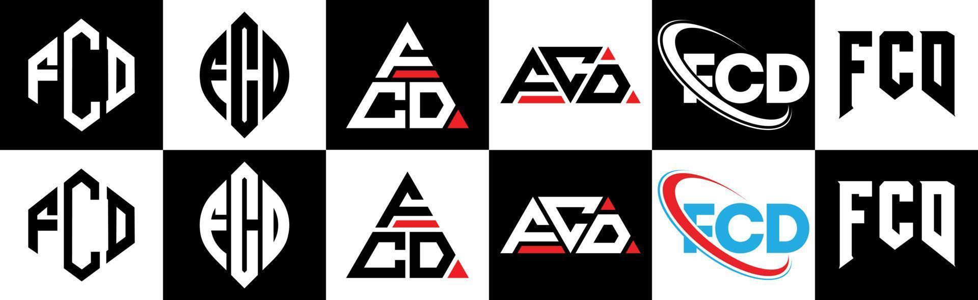 diseño de logotipo de letra fcd en seis estilos. fcd polígono, círculo, triángulo, hexágono, estilo plano y simple con logotipo de letra de variación de color blanco y negro en una mesa de trabajo. logotipo minimalista y clásico de fcd vector