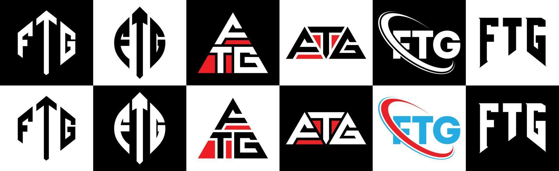 diseño de logotipo de letra ftg en seis estilos. ftg polígono, círculo, triángulo, hexágono, estilo plano y simple con logotipo de letra de variación de color blanco y negro en una mesa de trabajo. logotipo minimalista y clásico de ftg vector