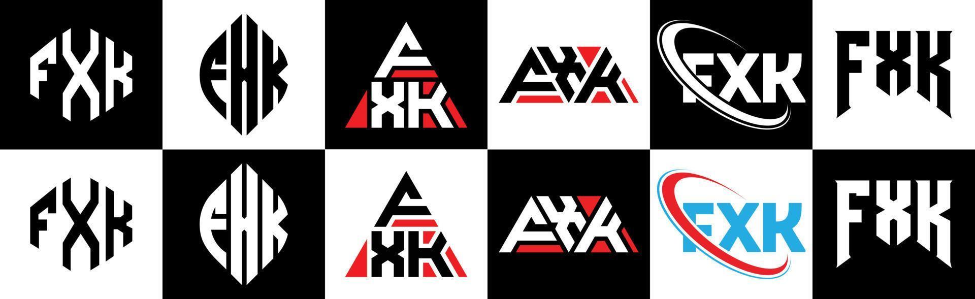 Diseño de logotipo de letra fxk en seis estilos. fxk polígono, círculo, triángulo, hexágono, estilo plano y simple con logotipo de letra de variación de color blanco y negro en una mesa de trabajo. fxk logo minimalista y clásico vector