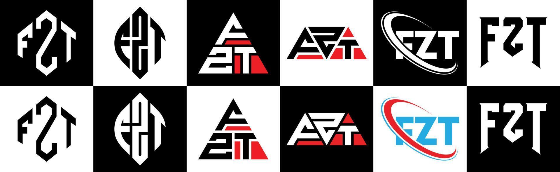 diseño de logotipo de letra fzt en seis estilos. fzt polígono, círculo, triángulo, hexágono, estilo plano y simple con logotipo de letra de variación de color blanco y negro en una mesa de trabajo. logotipo minimalista y clásico de fzt vector