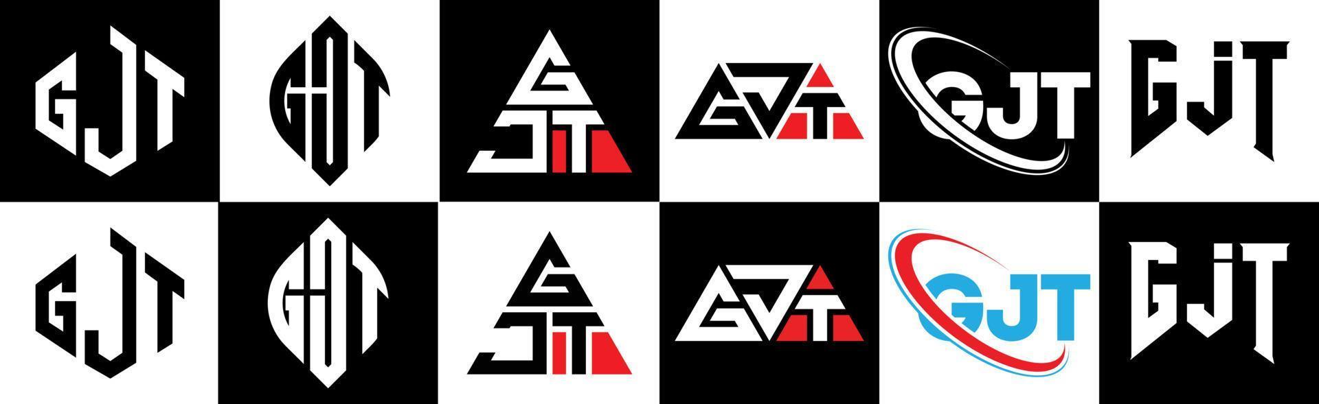 diseño de logotipo de letra gjt en seis estilos. gjt polígono, círculo, triángulo, hexágono, estilo plano y simple con logotipo de letra de variación de color blanco y negro en una mesa de trabajo. logotipo minimalista y clásico de gjt vector