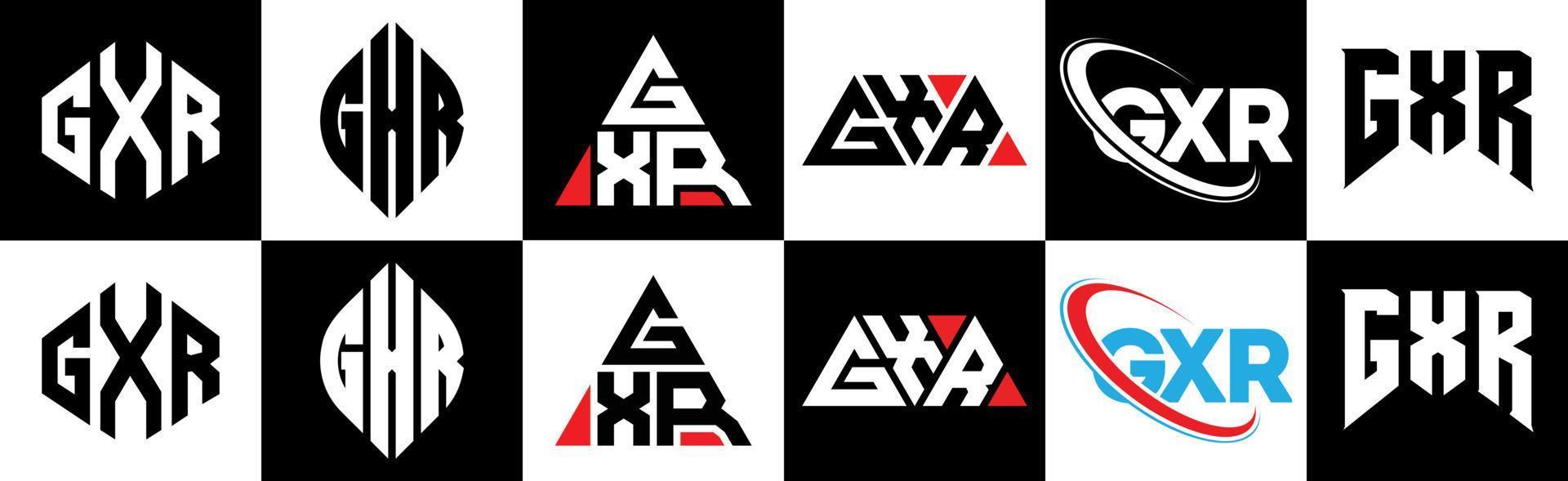 GXR letter logo design in six style. GXR polygon, circle, triangle, hexagon, flat and simple style with black and white color variation letter logo set in one artboard. GXR minimalist and classic logo vector