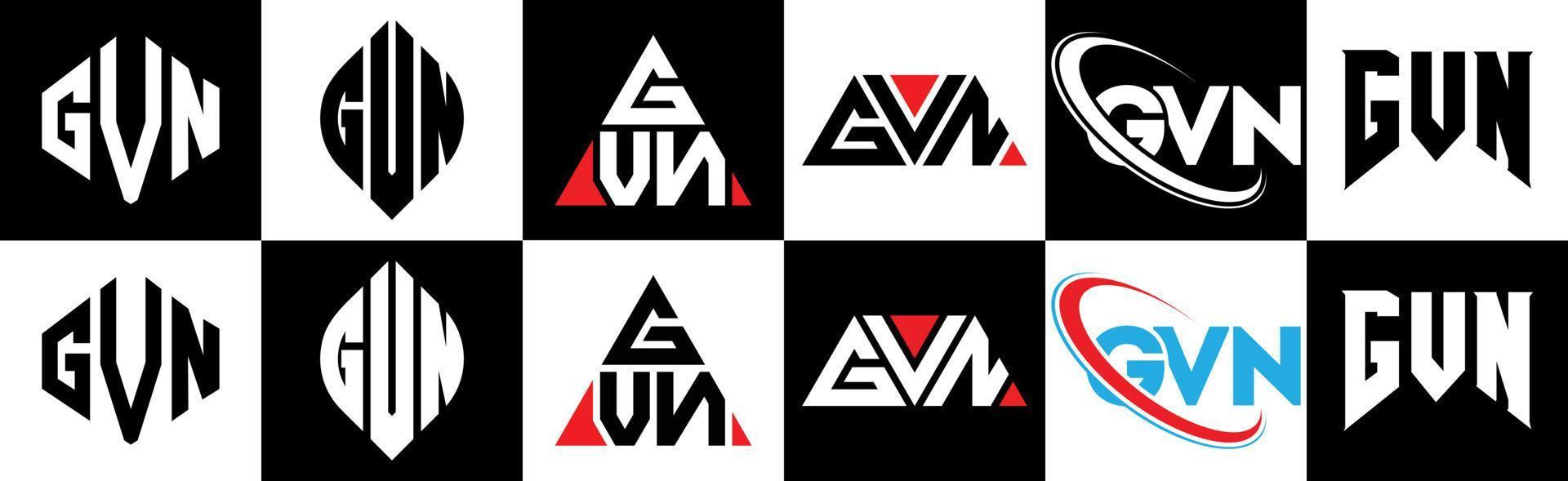 GVN letter logo design in six style. GVN polygon, circle, triangle, hexagon, flat and simple style with black and white color variation letter logo set in one artboard. GVN minimalist and classic logo vector