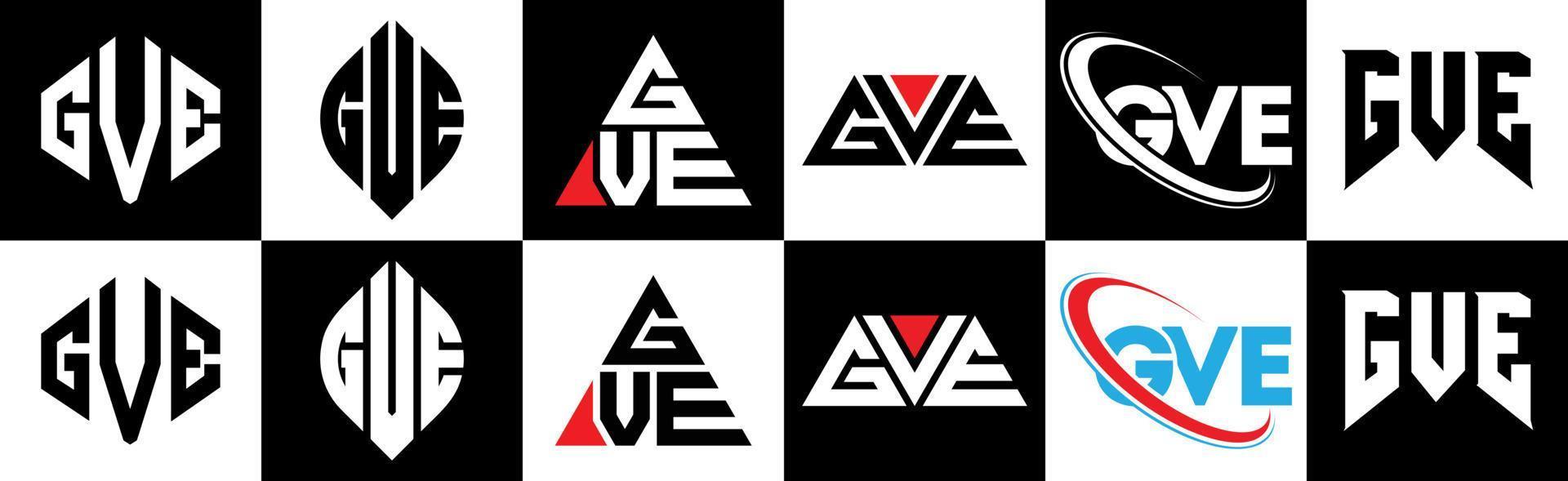 GVE letter logo design in six style. GVE polygon, circle, triangle, hexagon, flat and simple style with black and white color variation letter logo set in one artboard. GVE minimalist and classic logo vector