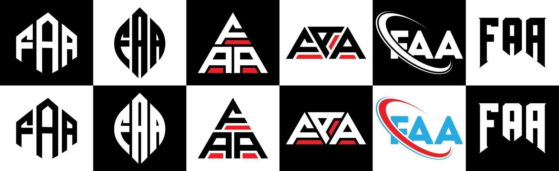 diseño de logotipo de letra faa en seis estilos. faa polígono, círculo, triángulo, hexágono, estilo plano y simple con logotipo de letra de variación de color blanco y negro en una mesa de trabajo. logotipo minimalista y clásico de faa vector