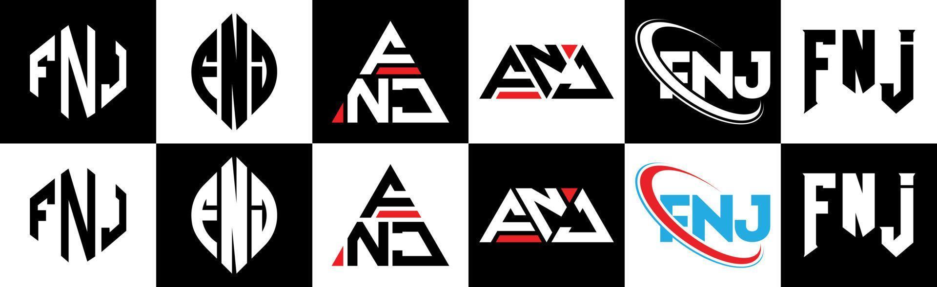FNJ letter logo design in six style. FNJ polygon, circle, triangle, hexagon, flat and simple style with black and white color variation letter logo set in one artboard. FNJ minimalist and classic logo vector