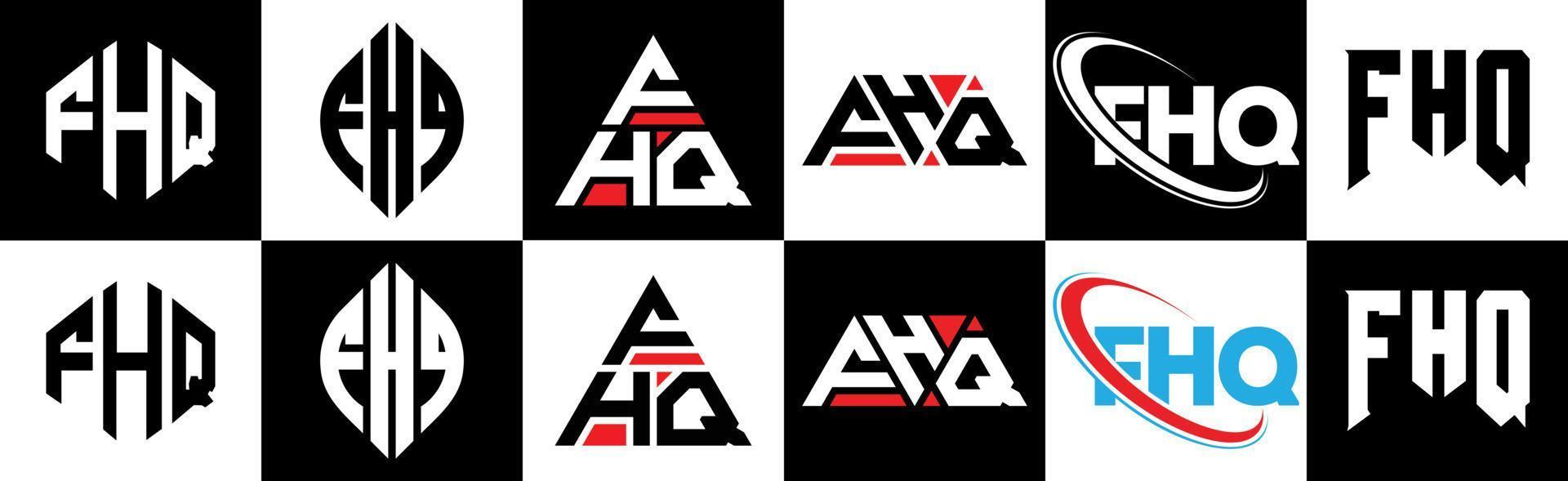 FHQ letter logo design in six style. FHQ polygon, circle, triangle, hexagon, flat and simple style with black and white color variation letter logo set in one artboard. FHQ minimalist and classic logo vector