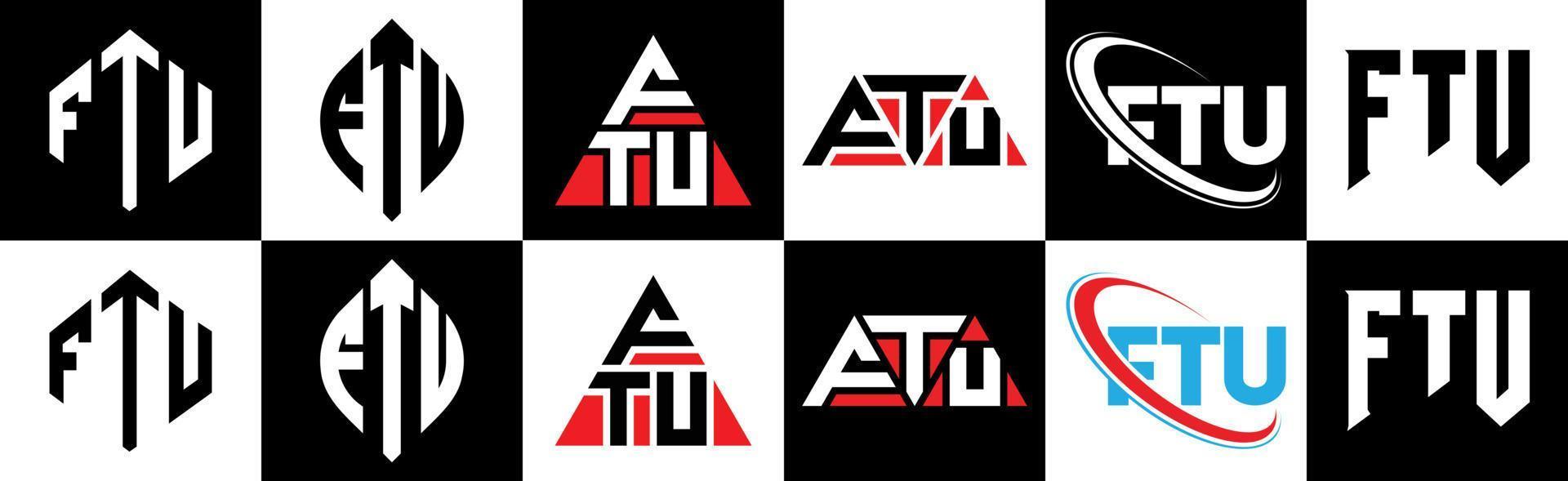 diseño de logotipo de letra ftu en seis estilos. ftu polígono, círculo, triángulo, hexágono, estilo plano y simple con logotipo de letra de variación de color blanco y negro en una mesa de trabajo. logotipo minimalista y clásico de ftu vector