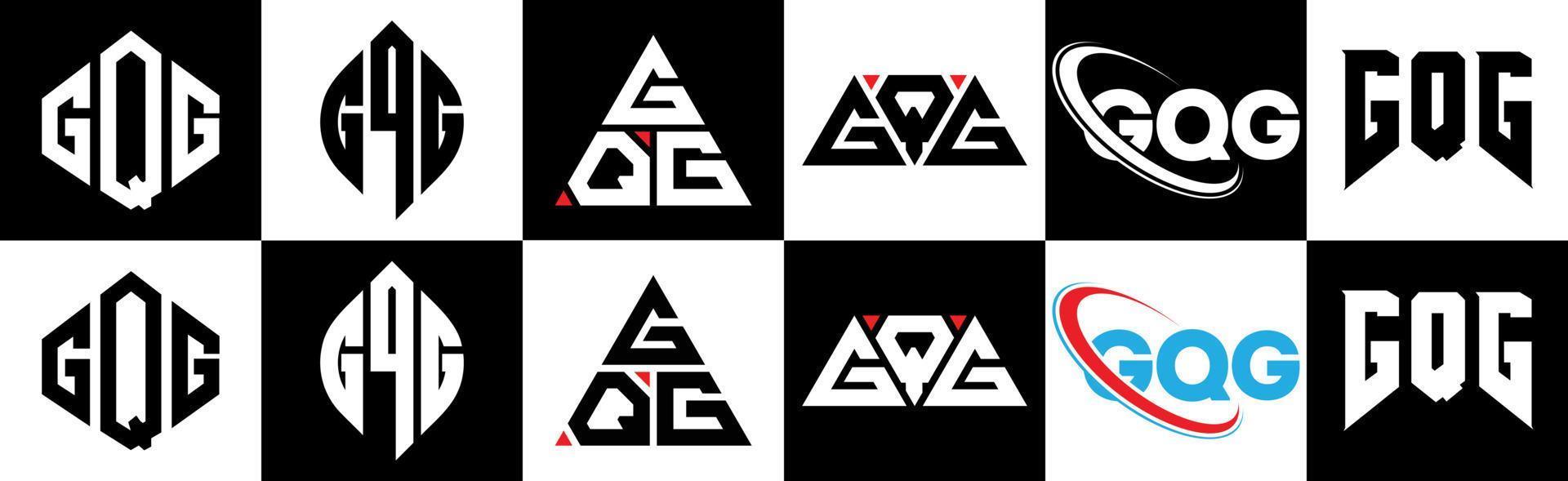 Diseño de logotipo de letra gqg en seis estilos. gqg polígono, círculo, triángulo, hexágono, estilo plano y simple con logotipo de letra de variación de color blanco y negro en una mesa de trabajo. logotipo minimalista y clásico de gqg vector