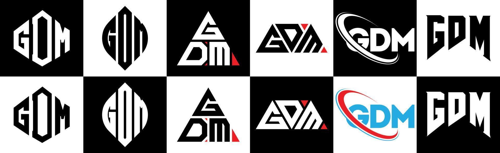 diseño de logotipo de letra gdm en seis estilos. gdm polígono, círculo, triángulo, hexágono, estilo plano y simple con logotipo de letra de variación de color blanco y negro en una mesa de trabajo. logotipo minimalista y clásico de gdm vector