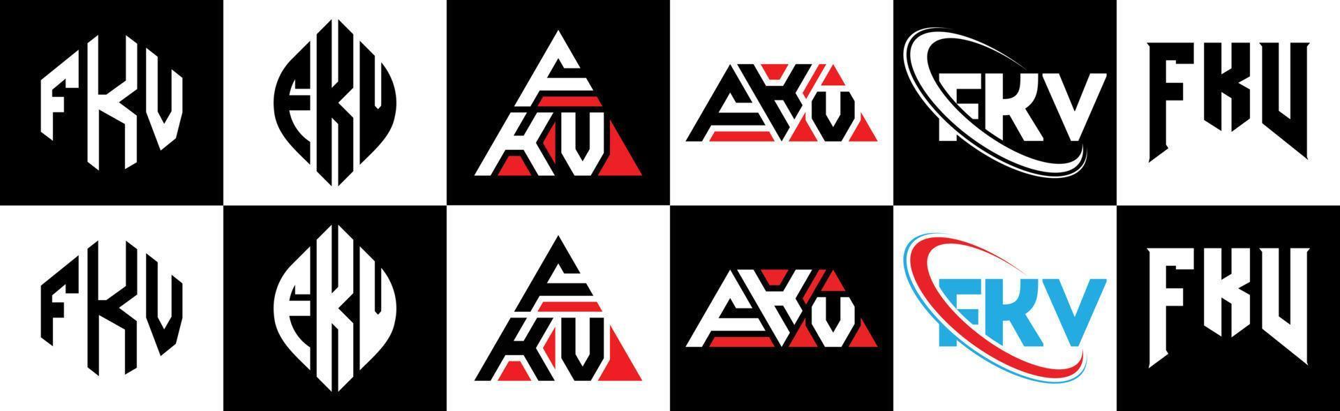 diseño de logotipo de letra fkv en seis estilos. fkv polígono, círculo, triángulo, hexágono, estilo plano y simple con logotipo de letra de variación de color blanco y negro en una mesa de trabajo. logotipo minimalista y clásico de fkv vector