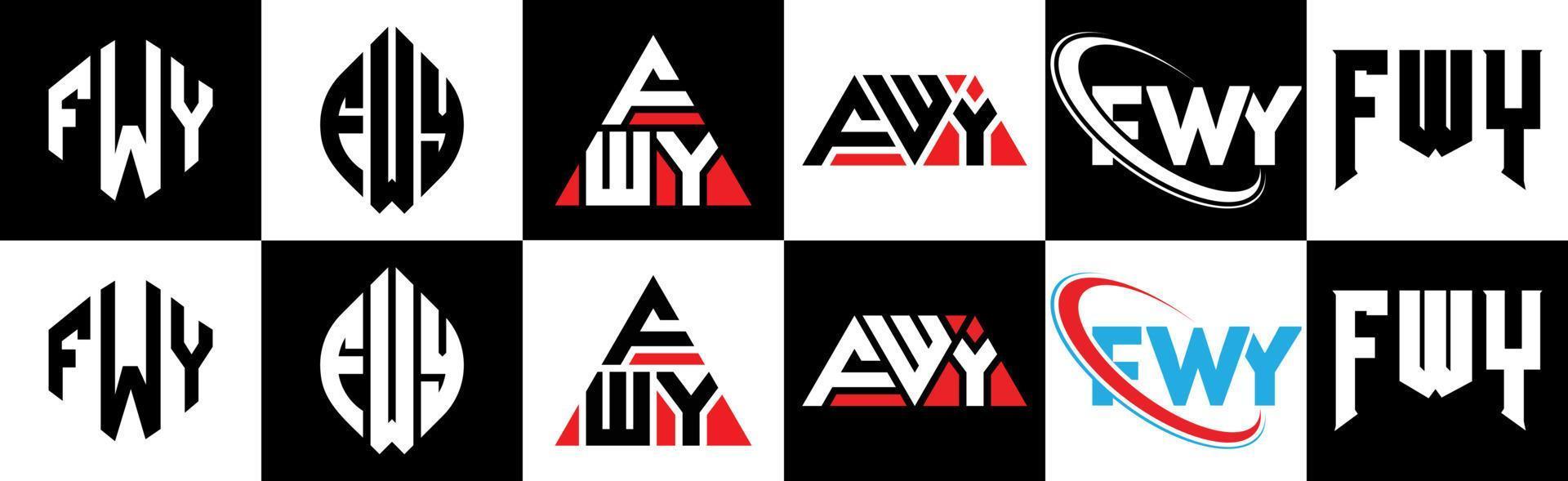 diseño de logotipo de letra fwy en seis estilos. polígono fwy, círculo, triángulo, hexágono, estilo plano y simple con logotipo de letra de variación de color blanco y negro en una mesa de trabajo. fwy logotipo minimalista y clásico vector