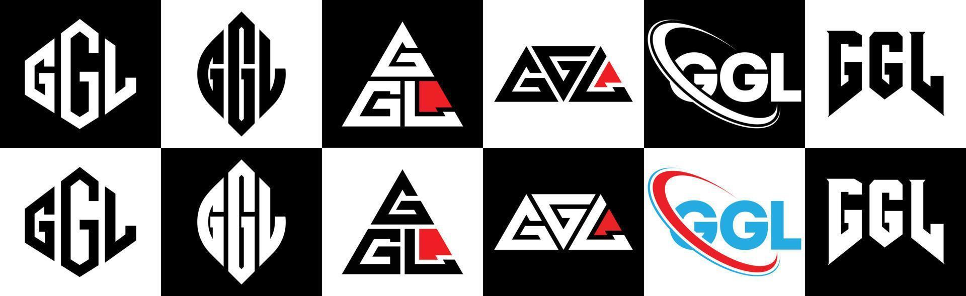 diseño de logotipo de letra ggl en seis estilos. polígono ggl, círculo, triángulo, hexágono, estilo plano y simple con logotipo de letra de variación de color blanco y negro en una mesa de trabajo. logotipo minimalista y clásico de ggl vector