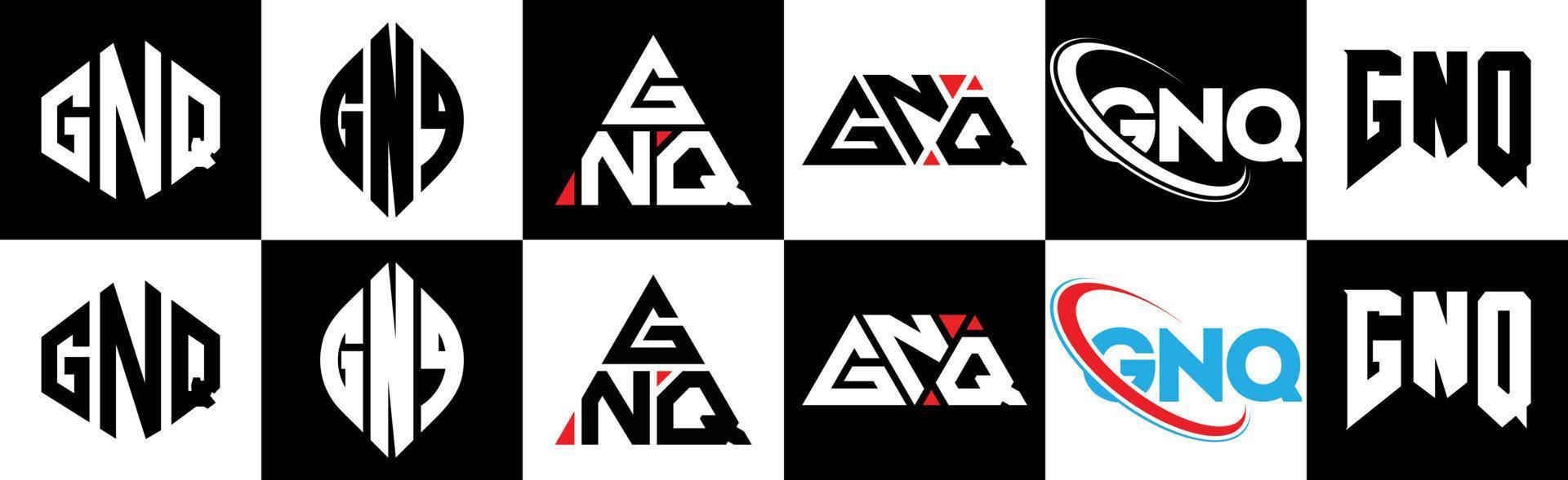 diseño de logotipo de letra gnq en seis estilos. gnq polígono, círculo, triángulo, hexágono, estilo plano y simple con logotipo de letra de variación de color blanco y negro en una mesa de trabajo. logotipo minimalista y clásico de gnq vector