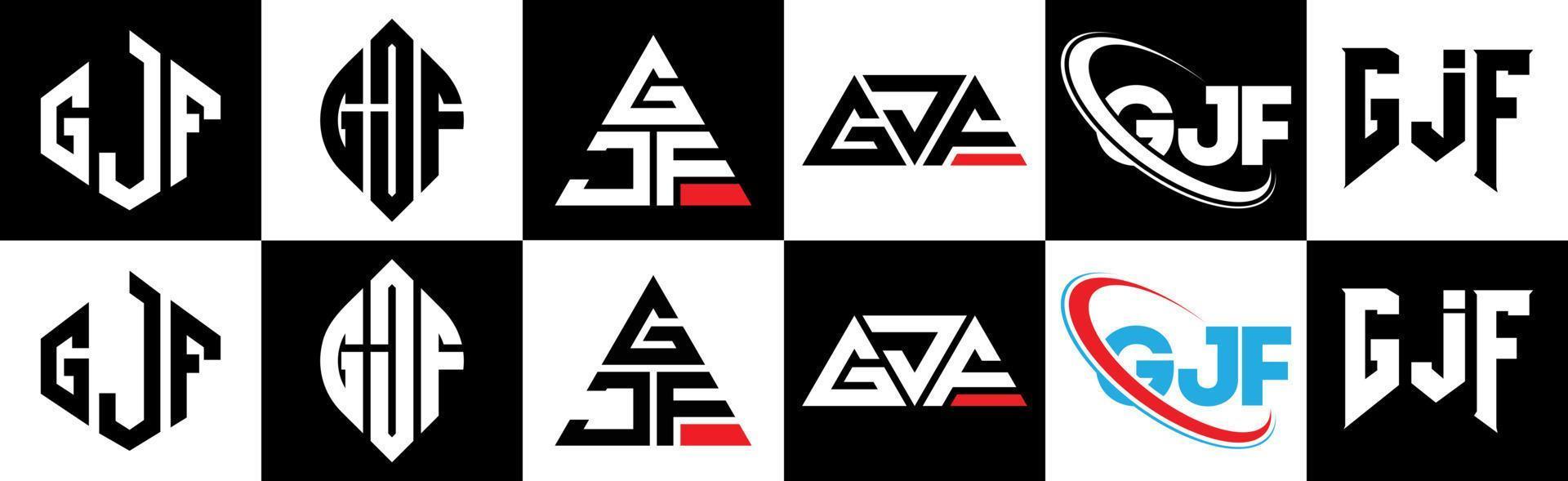 GJF letter logo design in six style. GJF polygon, circle, triangle, hexagon, flat and simple style with black and white color variation letter logo set in one artboard. GJF minimalist and classic logo vector