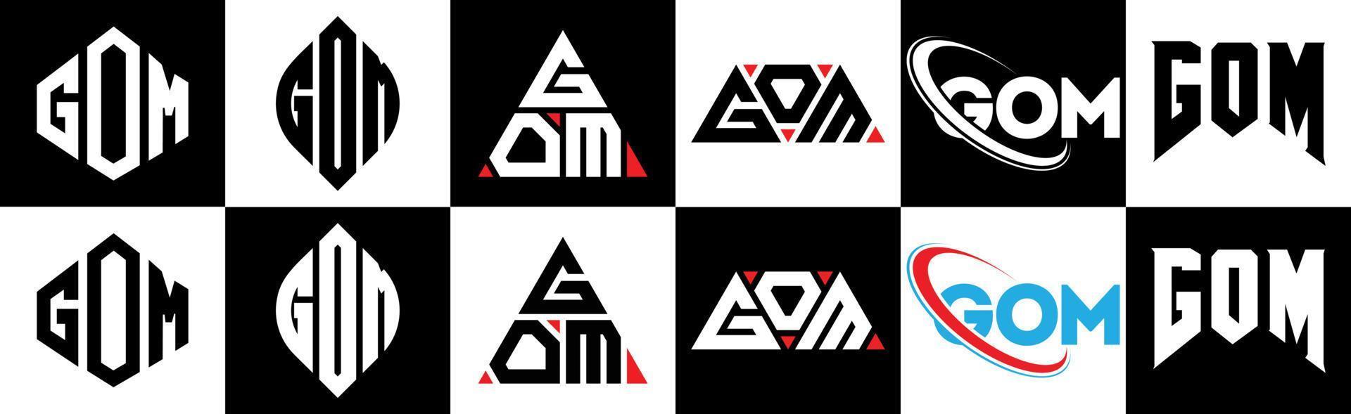 diseño de logotipo de letra gom en seis estilos. gom polígono, círculo, triángulo, hexágono, estilo plano y simple con logotipo de letra de variación de color blanco y negro en una mesa de trabajo. logotipo minimalista y clásico de gom vector