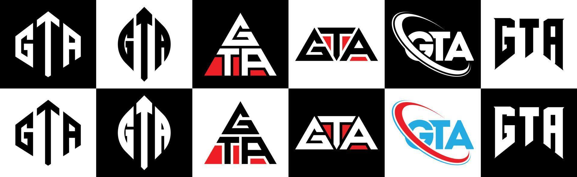 Diseño de logotipo de letra gta en seis estilos. gta polígono, círculo, triángulo, hexágono, estilo plano y simple con logotipo de letra de variación de color blanco y negro en una mesa de trabajo. logo gta minimalista y clasico vector