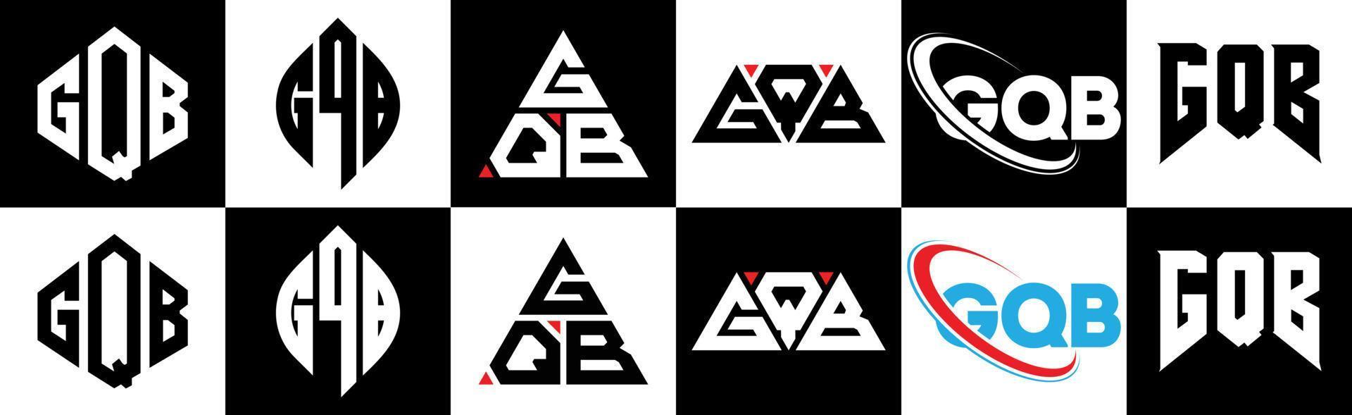 Diseño de logotipo de letra gqb en seis estilos. gqb polígono, círculo, triángulo, hexágono, estilo plano y simple con logotipo de letra de variación de color blanco y negro en una mesa de trabajo. logotipo minimalista y clásico de gqb vector