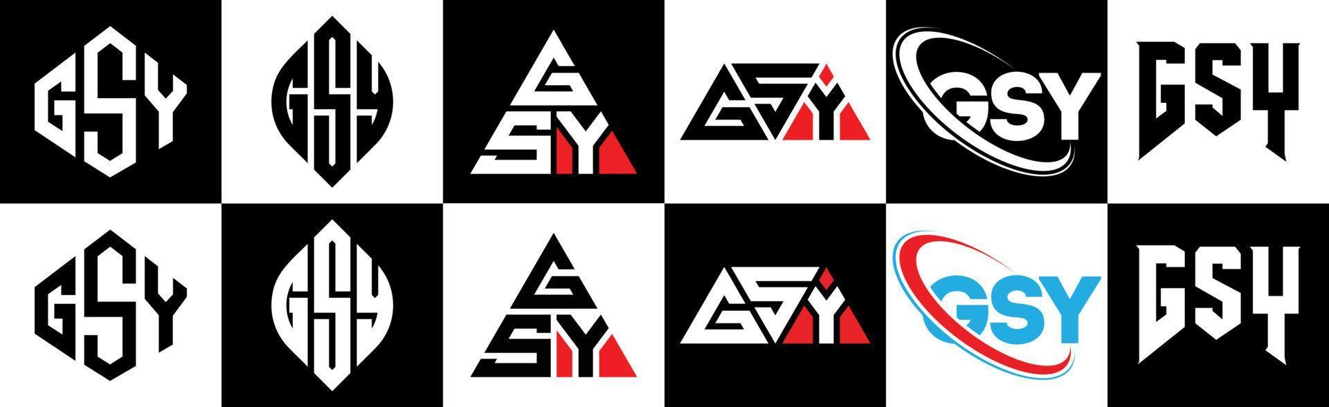 diseño de logotipo de letra gsy en seis estilos. gsy polígono, círculo, triángulo, hexágono, estilo plano y simple con logotipo de letra de variación de color blanco y negro en una mesa de trabajo. logotipo minimalista y clásico de gsy vector