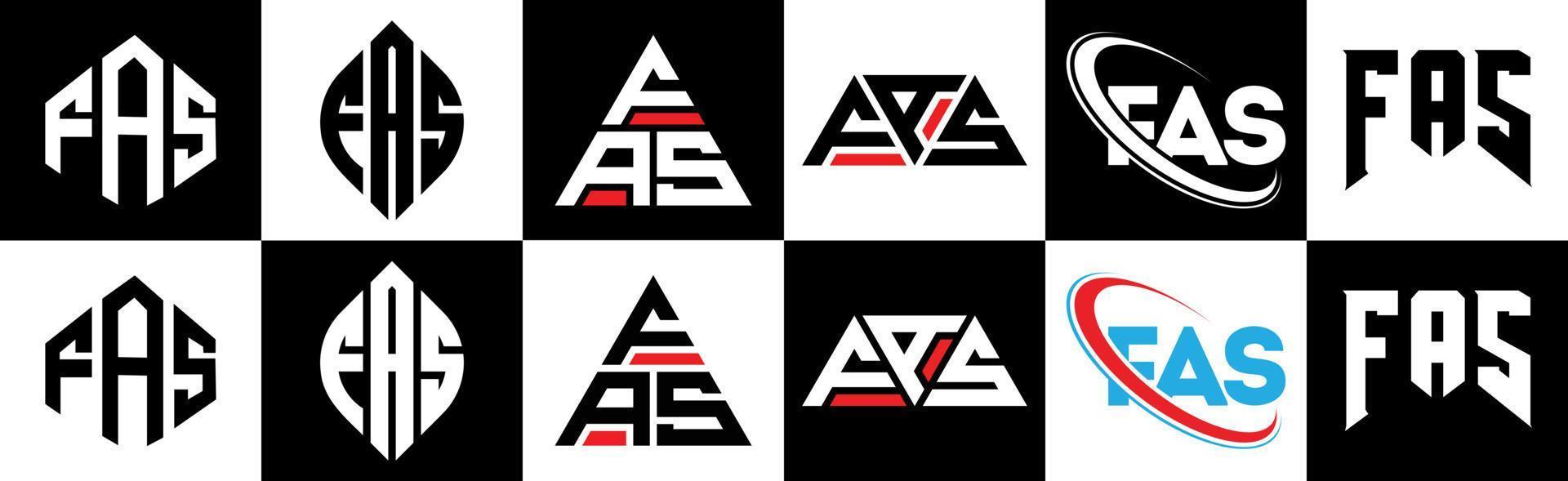 diseño de logotipo de letra fas en seis estilos. fas polígono, círculo, triángulo, hexágono, estilo plano y simple con logotipo de letra de variación de color blanco y negro en una mesa de trabajo. fas logotipo minimalista y clásico vector