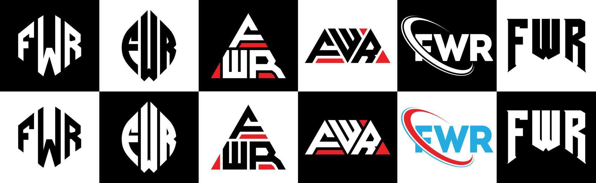 diseño de logotipo de letra fwr en seis estilos. fwr polígono, círculo, triángulo, hexágono, estilo plano y simple con logotipo de letra de variación de color blanco y negro en una mesa de trabajo. logotipo minimalista y clásico de fwr vector