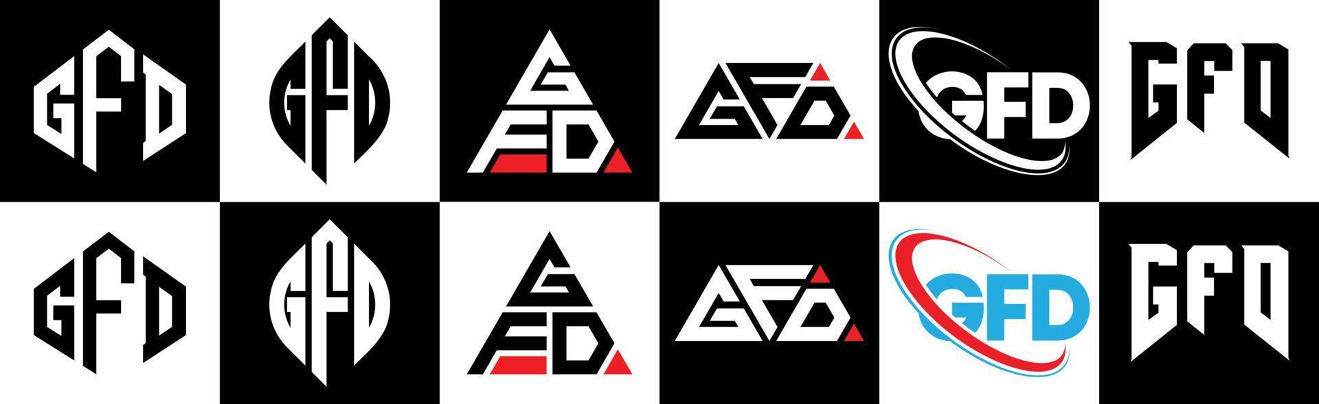 GFD letter logo design in six style. GFD polygon, circle, triangle, hexagon, flat and simple style with black and white color variation letter logo set in one artboard. GFD minimalist and classic logo vector