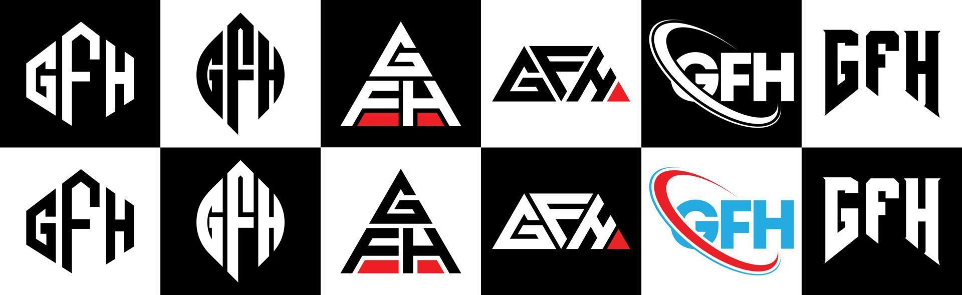 diseño de logotipo de letra gfh en seis estilos. gfh polígono, círculo, triángulo, hexágono, estilo plano y simple con logotipo de letra de variación de color blanco y negro en una mesa de trabajo. logotipo minimalista y clásico de gfh vector