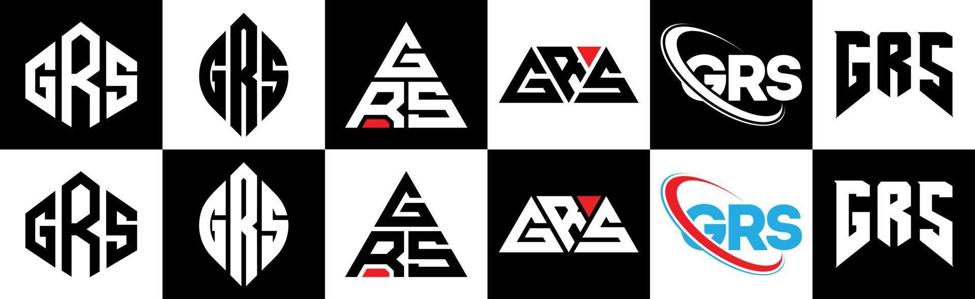 diseño de logotipo de letra grs en seis estilos. grs polígono, círculo, triángulo, hexágono, estilo plano y simple con logotipo de letra de variación de color blanco y negro en una mesa de trabajo. grs logotipo minimalista y clásico vector