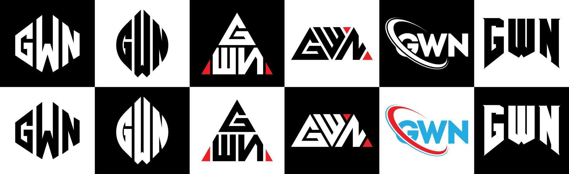 diseño de logotipo de letra gwn en seis estilos. polígono gwn, círculo, triángulo, hexágono, estilo plano y simple con logotipo de letra de variación de color blanco y negro en una mesa de trabajo. gwn logo minimalista y clásico vector