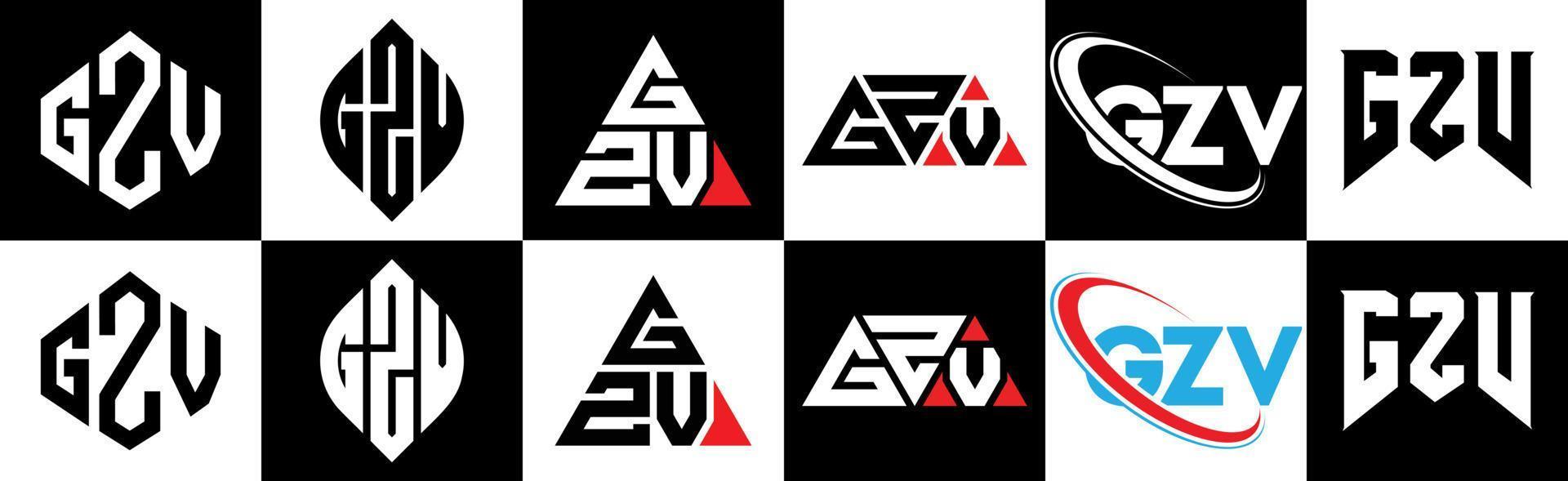 Diseño de logotipo de letra gzv en seis estilos. gzv polígono, círculo, triángulo, hexágono, estilo plano y simple con logotipo de letra de variación de color blanco y negro en una mesa de trabajo. logotipo minimalista y clásico de gzv vector