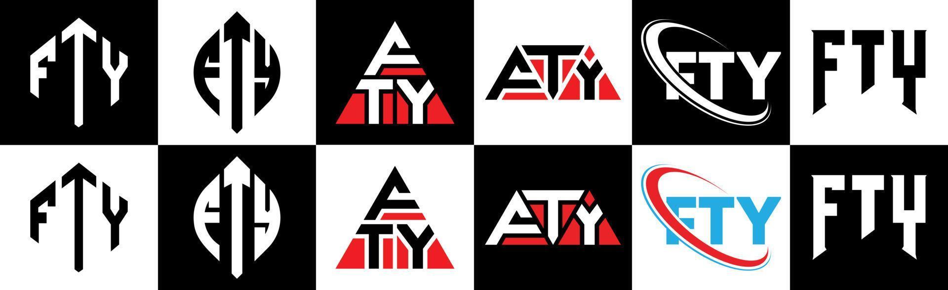 Diseño de logotipo de letra fty en seis estilos. fty polígono, círculo, triángulo, hexágono, estilo plano y simple con logotipo de letra de variación de color blanco y negro en una mesa de trabajo. logotipo minimalista y clásico de fty vector