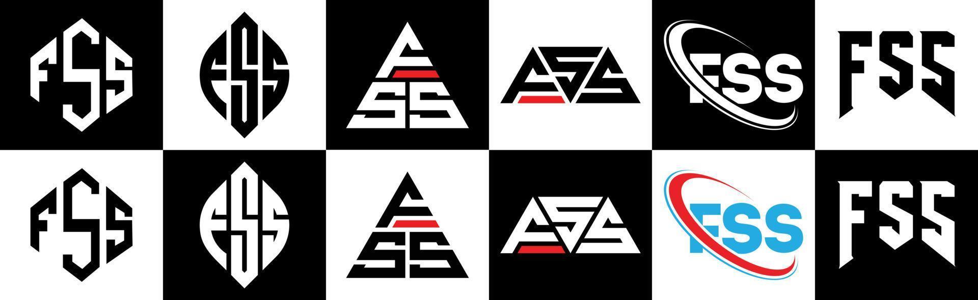 diseño de logotipo de letra fss en seis estilos. fss polígono, círculo, triángulo, hexágono, estilo plano y simple con logotipo de letra de variación de color blanco y negro en una mesa de trabajo. logotipo minimalista y clásico de fss vector