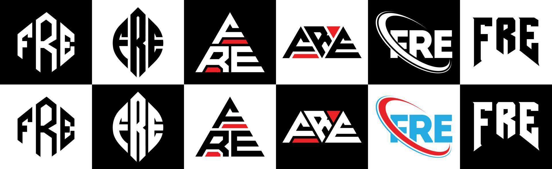 FRE letter logo design in six style. FRE polygon, circle, triangle, hexagon, flat and simple style with black and white color variation letter logo set in one artboard. FRE minimalist and classic logo vector