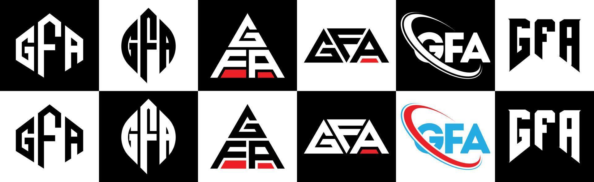 diseño de logotipo de letra gfa en seis estilos. gfa polígono, círculo, triángulo, hexágono, estilo plano y simple con logotipo de letra de variación de color blanco y negro en una mesa de trabajo. logotipo minimalista y clásico de gfa vector