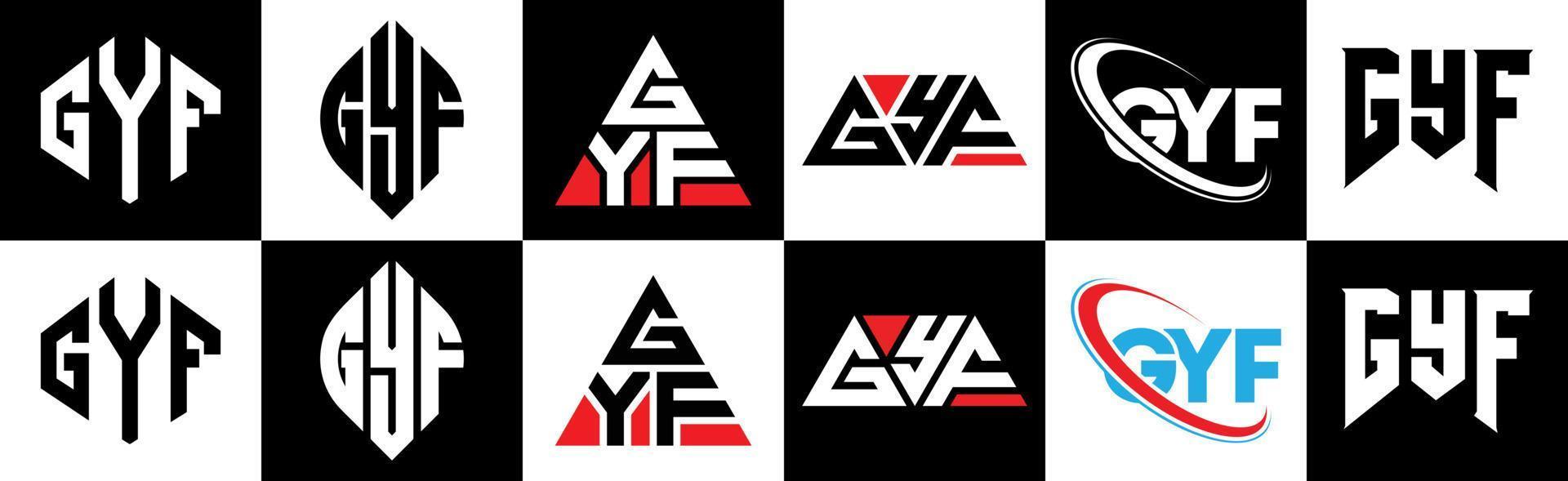 diseño de logotipo de letra gyf en seis estilos. polígono gyf, círculo, triángulo, hexágono, estilo plano y simple con logotipo de letra de variación de color blanco y negro en una mesa de trabajo. logotipo minimalista y clásico de gyf vector