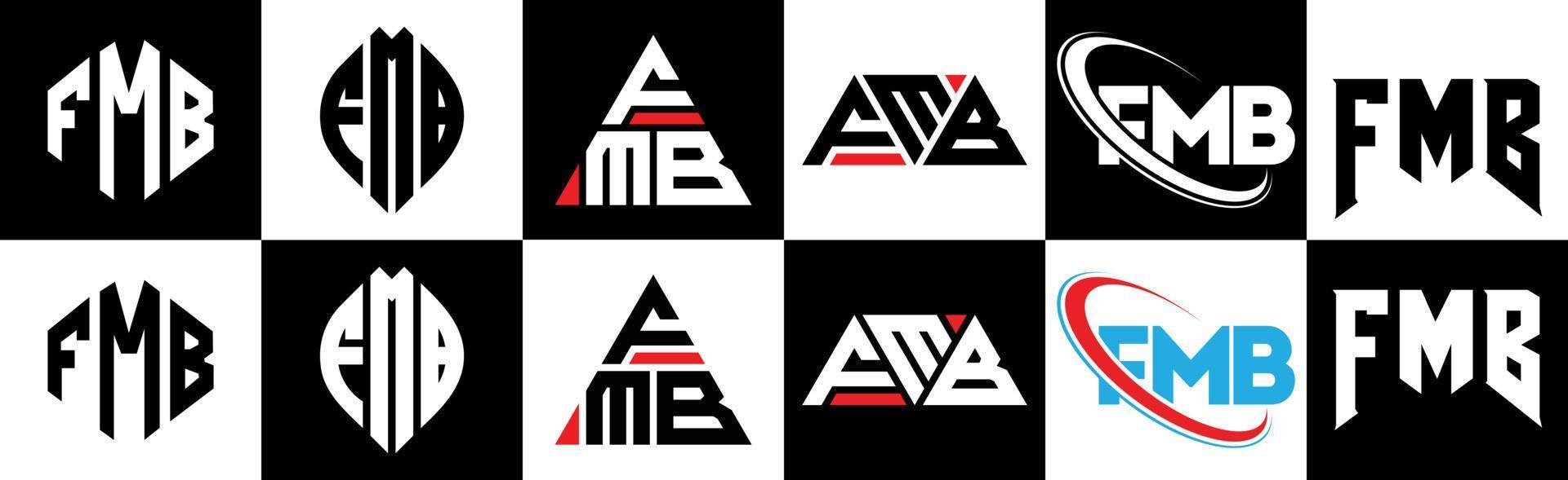 diseño de logotipo de letra fmb en seis estilos. fmb polígono, círculo, triángulo, hexágono, estilo plano y simple con logotipo de letra de variación de color blanco y negro en una mesa de trabajo. logotipo minimalista y clásico de fmb vector