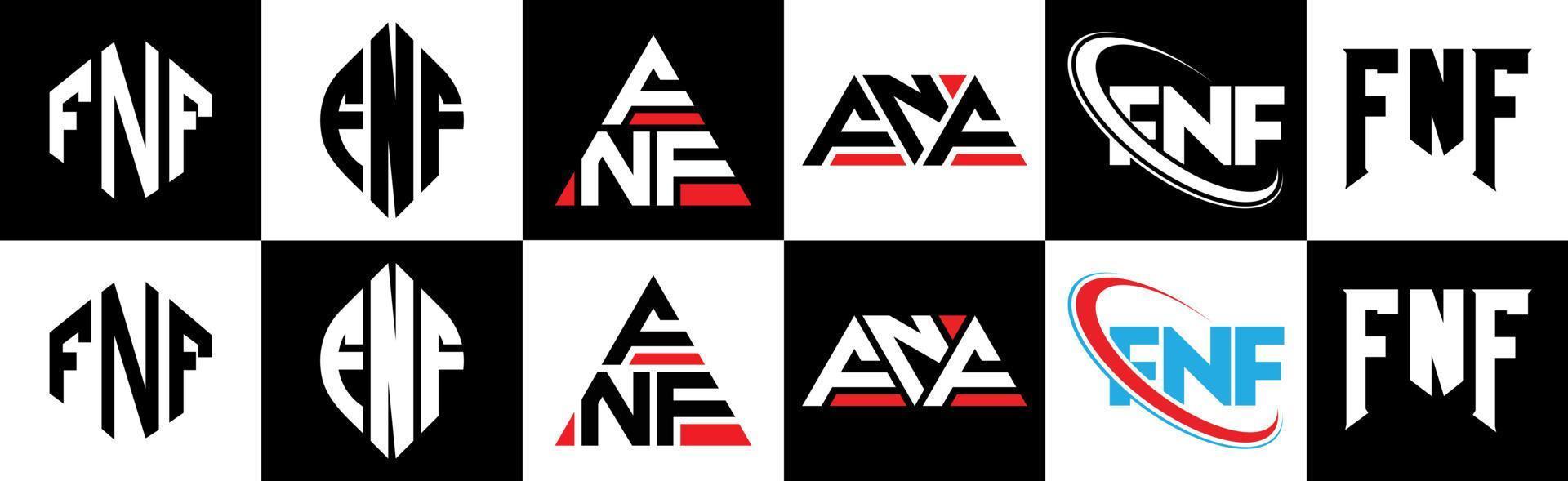 diseño de logotipo de letra fnf en seis estilos. fnf polígono, círculo, triángulo, hexágono, estilo plano y simple con logotipo de letra de variación de color blanco y negro en una mesa de trabajo. logotipo minimalista y clásico de fnf vector