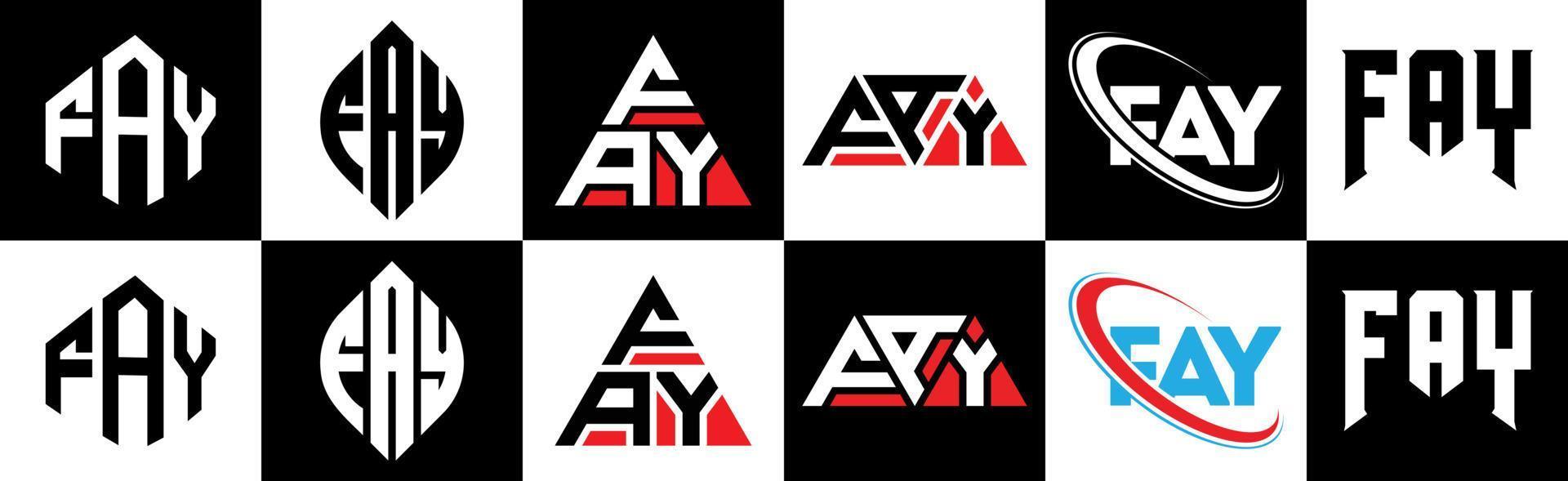 diseño de logotipo de letra fay en seis estilos. fay polígono, círculo, triángulo, hexágono, estilo plano y simple con logotipo de letra de variación de color blanco y negro en una mesa de trabajo. logotipo minimalista y clásico de fay vector