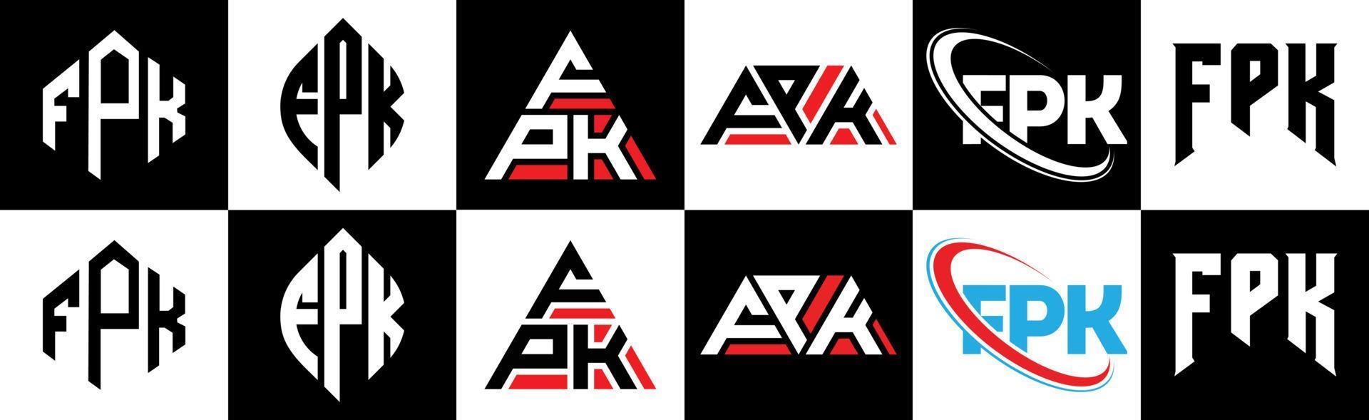 FPK letter logo design in six style. FPK polygon, circle, triangle, hexagon, flat and simple style with black and white color variation letter logo set in one artboard. FPK minimalist and classic logo vector