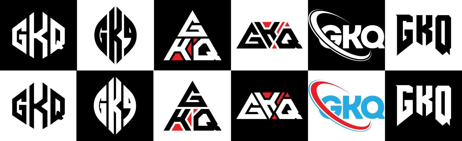 GKQ letter logo design in six style. GKQ polygon, circle, triangle, hexagon, flat and simple style with black and white color variation letter logo set in one artboard. GKQ minimalist and classic logo vector