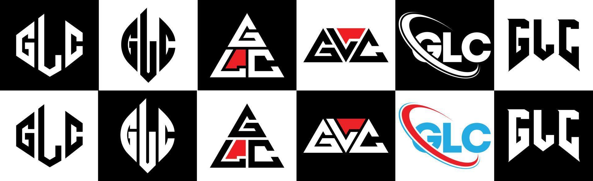 GLC letter logo design in six style. GLC polygon, circle, triangle, hexagon, flat and simple style with black and white color variation letter logo set in one artboard. GLC minimalist and classic logo vector