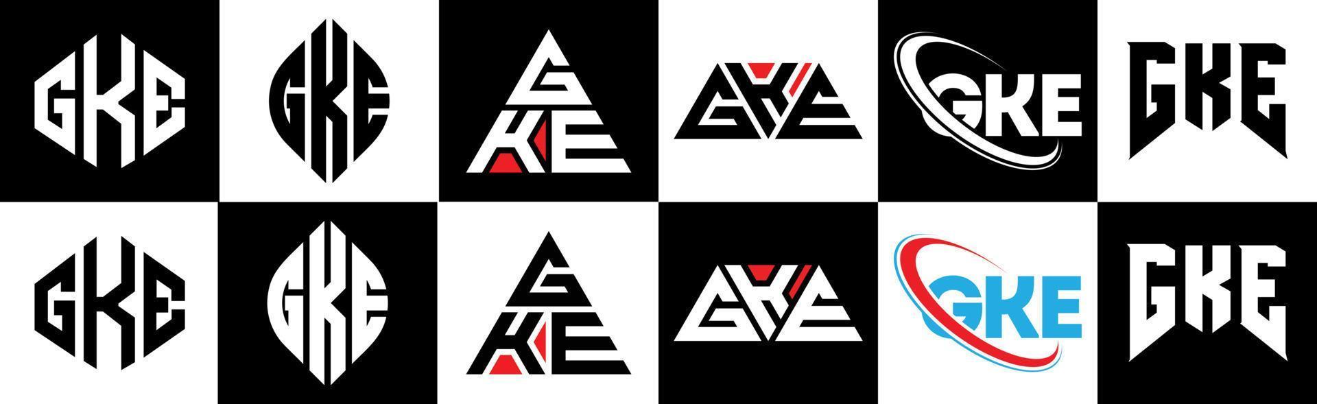 diseño de logotipo de letra gke en seis estilos. gke polígono, círculo, triángulo, hexágono, estilo plano y simple con logotipo de letra de variación de color blanco y negro en una mesa de trabajo. logotipo minimalista y clásico de gke vector