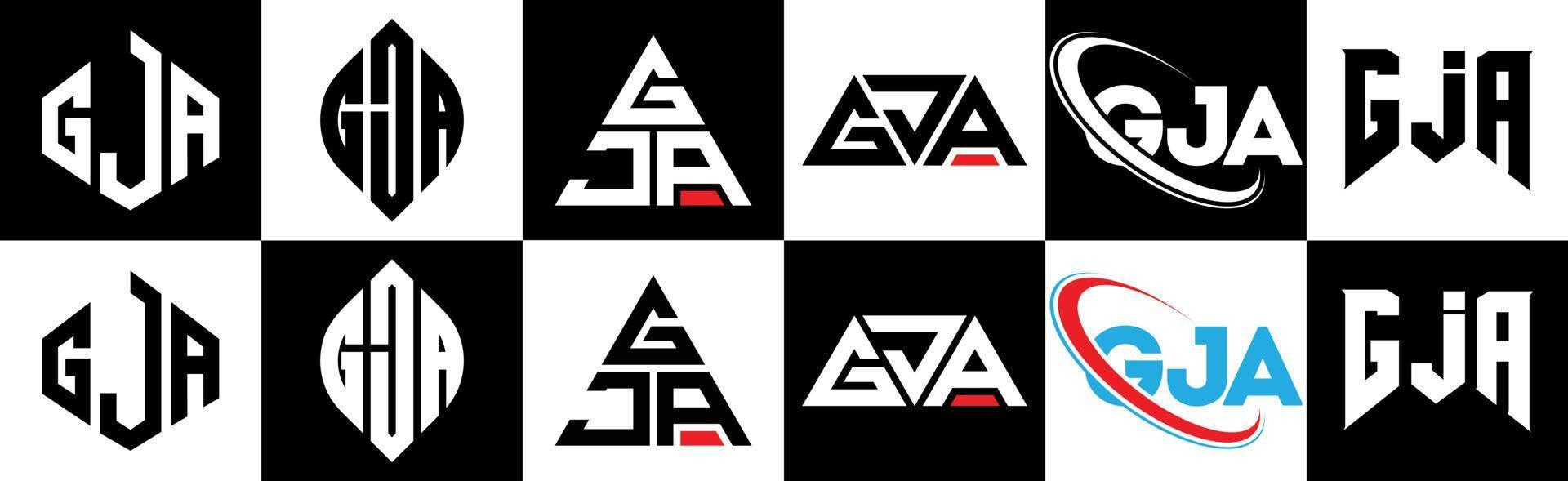 diseño de logotipo de letra gja en seis estilos. gja polígono, círculo, triángulo, hexágono, estilo plano y simple con logotipo de letra de variación de color blanco y negro en una mesa de trabajo. logotipo minimalista y clásico de gja vector