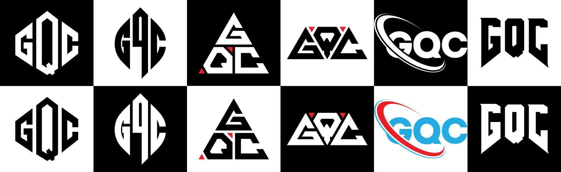 GQC letter logo design in six style. GQC polygon, circle, triangle, hexagon, flat and simple style with black and white color variation letter logo set in one artboard. GQC minimalist and classic logo vector