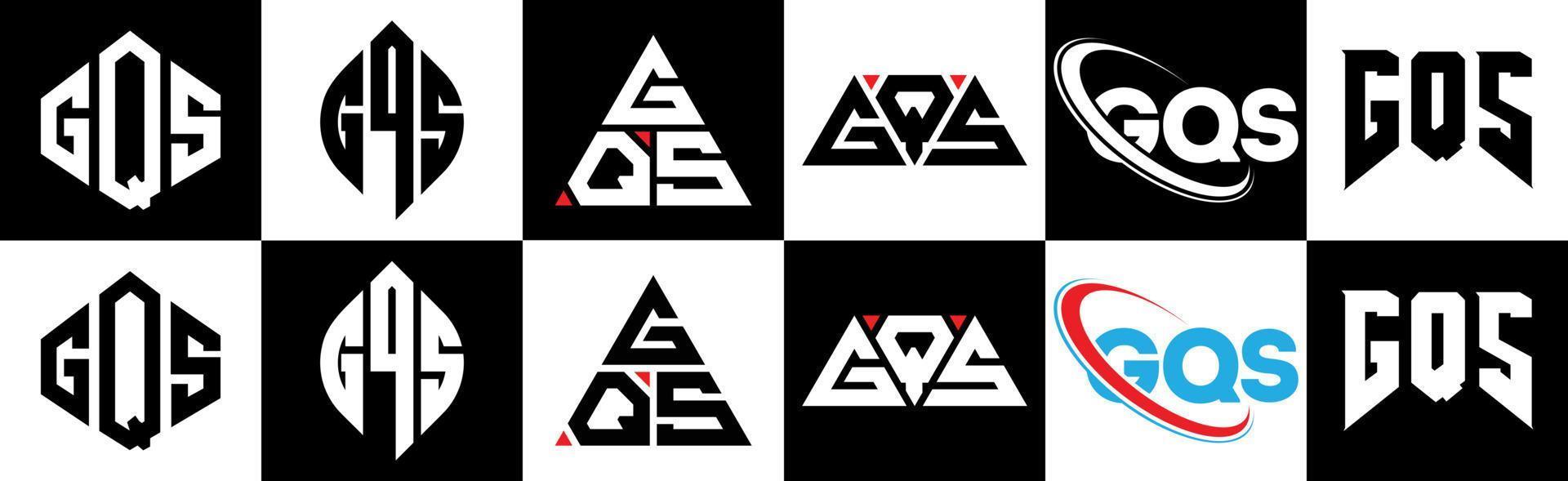 Diseño de logotipo de letra gqs en seis estilos. gqs polígono, círculo, triángulo, hexágono, estilo plano y simple con logotipo de letra de variación de color blanco y negro en una mesa de trabajo. logotipo minimalista y clásico de gqs vector